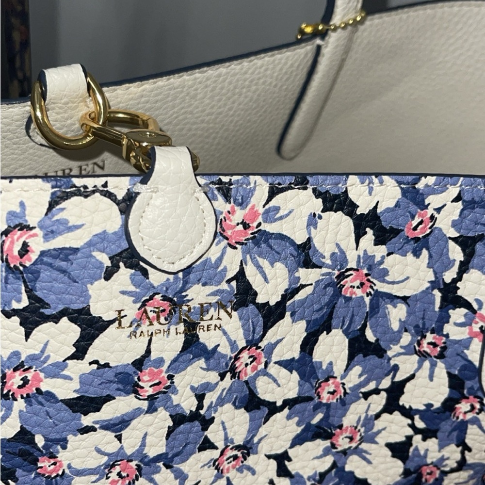 LAUREN RALPH LAUREN Bag Leather Print Tote Purple Vanilla/Breeze Floral w Pouch - Picture 3 of 14